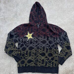 Rockstar Energy Drink Hoodie Mens Large Black Zip Up Sweatshirt Y2K Print